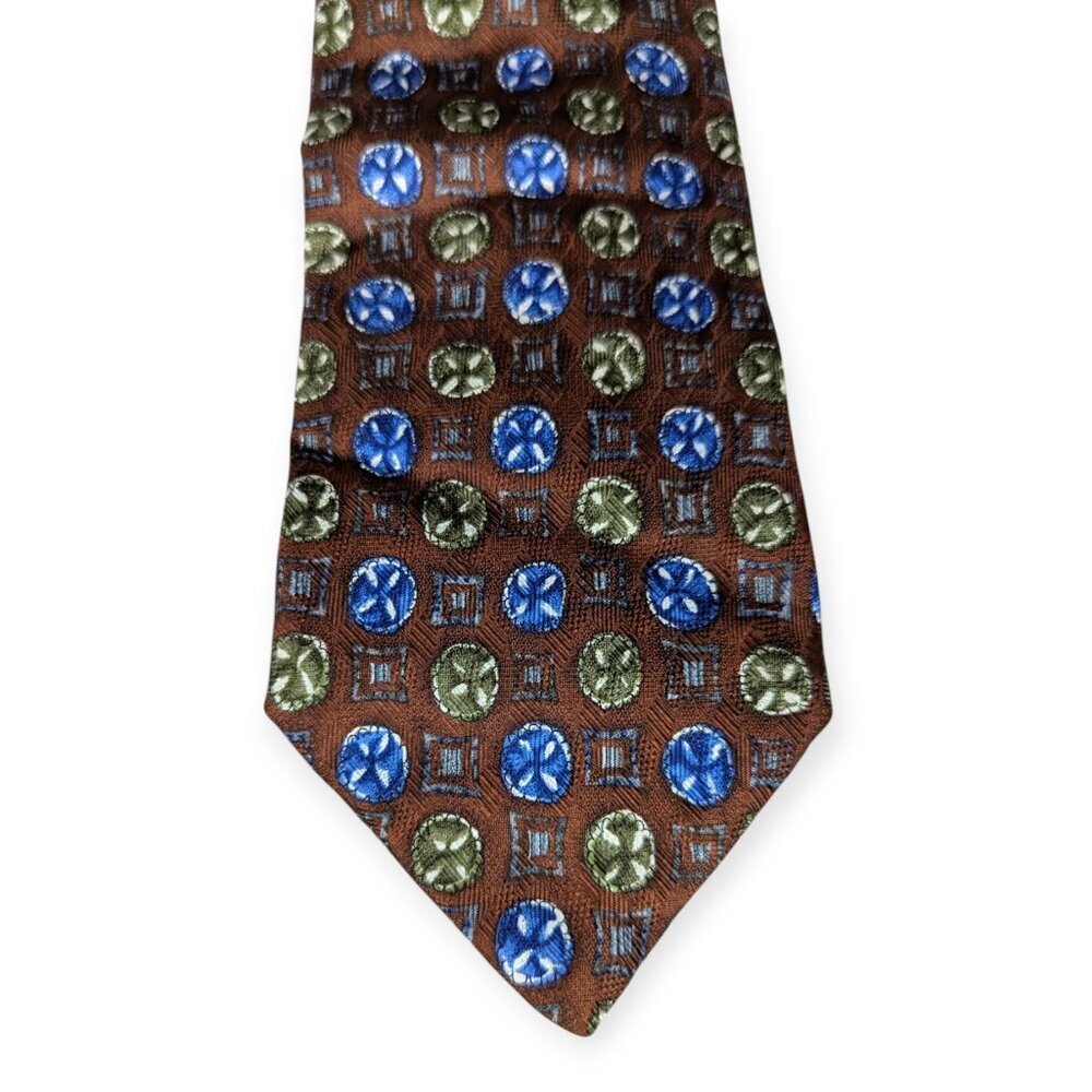 Land's End 100% Silk Brown Men's Tie with Blue and Green Pattern
